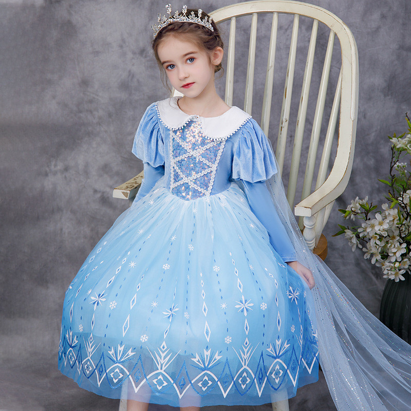 Outono congelado boneca colarinho rainha elsa vestido de princesa médio grande menina elsa manga Puff vestido de veludo