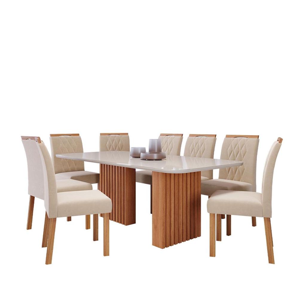 Mesa de Jantar Tampo de Vidro Off White Ester 2,10 Com e 8 Cadeiras Juliana Cinamomo/Madeira/Nude