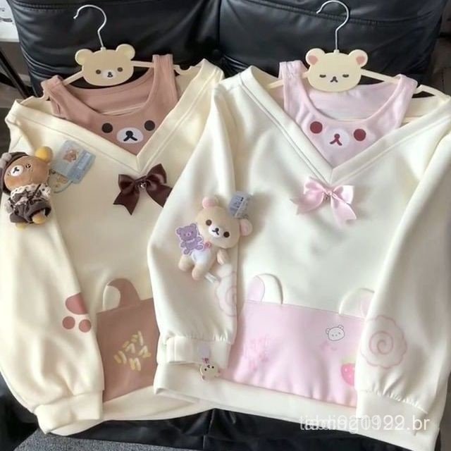 Estilo Japonês Falso Dois Urso Casual Fora Do Ombro Moletom Feminino Versátil Solto Topo
