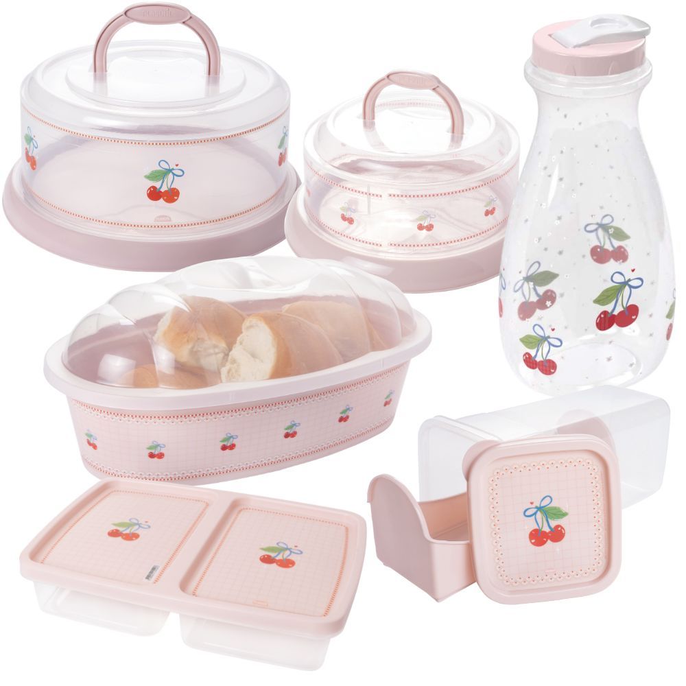 Kit Boleira e Queijeira Rosca, Porta Pães, Porta Torradas com Gaveta Deslizante, Porta Frios e Garrafa 1,8L rosa 6 peças
