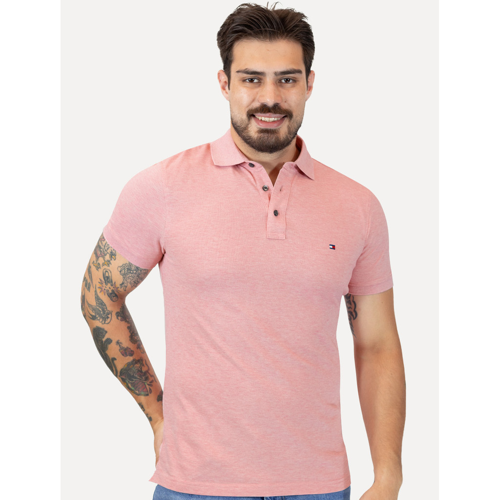 Polo Tommy Hilfiger Original Masculina Slim Piquet 1985 Rosa Claro Mescla