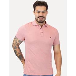 Polo Tommy Hilfiger Original Masculina Slim Piquet 1985 Rosa Claro Mescla