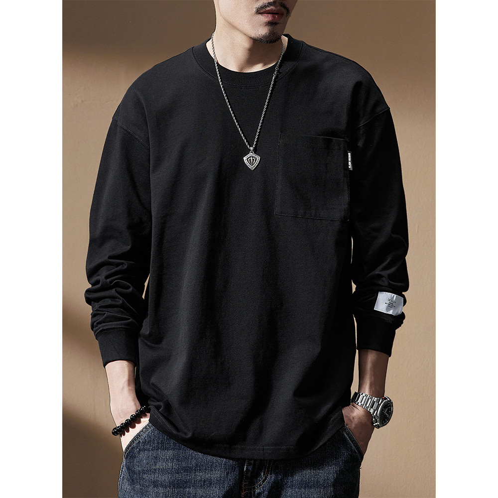 Americano simples preto de manga comprida camiseta masculina 2026 primavera outono novo estilo Casual topo solto tamanho