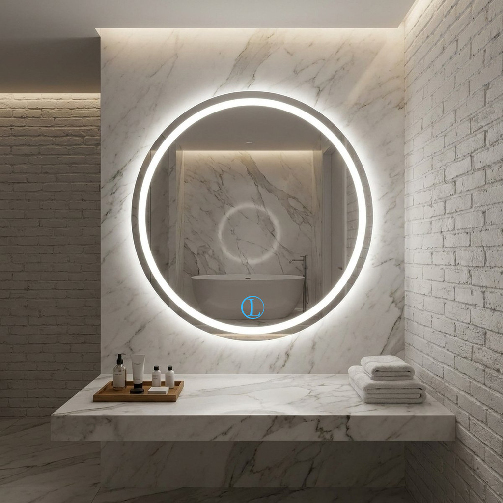 Espelho Lopazzi Redondo com Led Jateado 3tons 80x80 p/Lavabo, Penteadeira, Estudio de Maquiagem (Frio,Neutro e Quente)