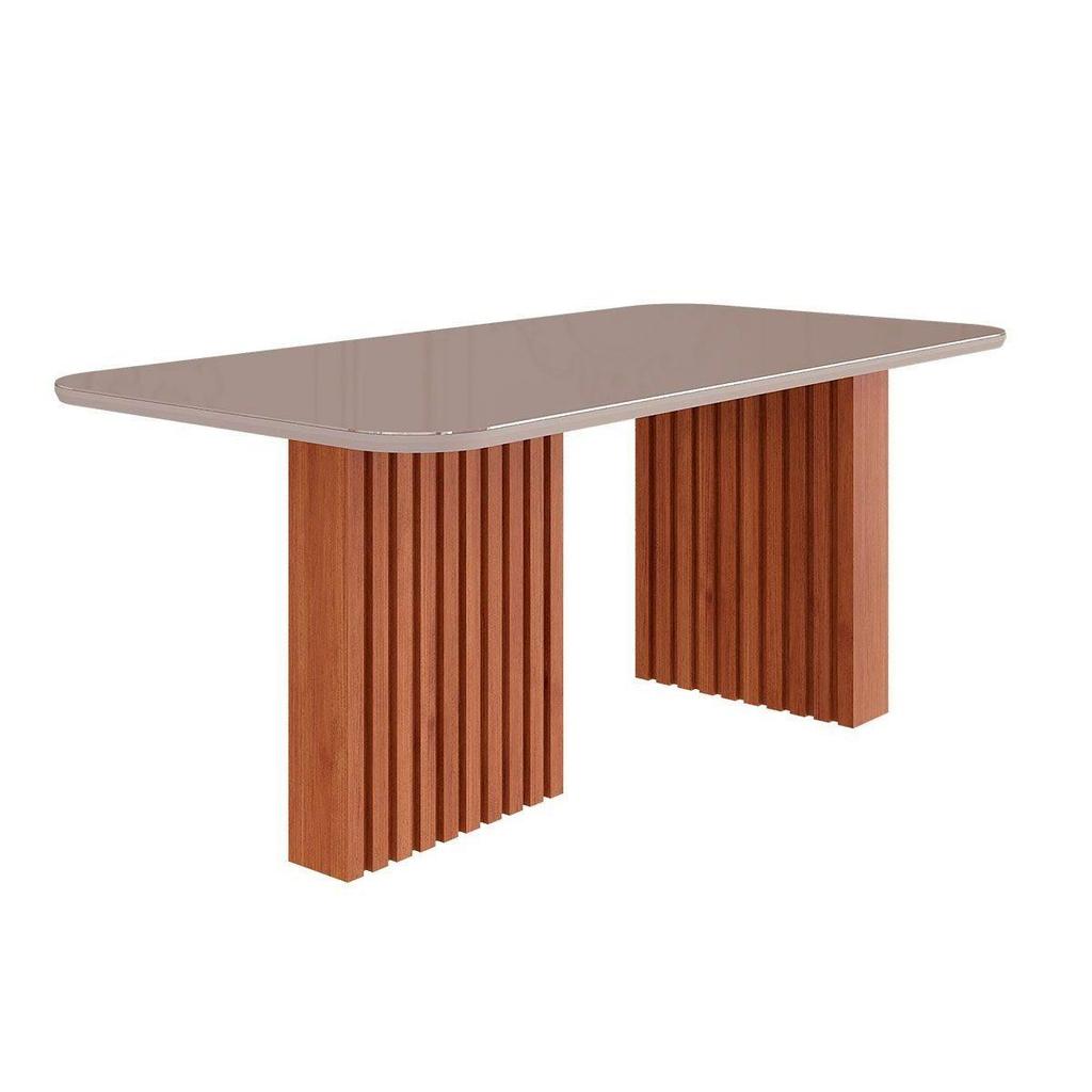 Mesa de Sala Jantar Ester c/Tampo Madeirado Vidro 180x90cm Cinamomo/Off White - Cimol