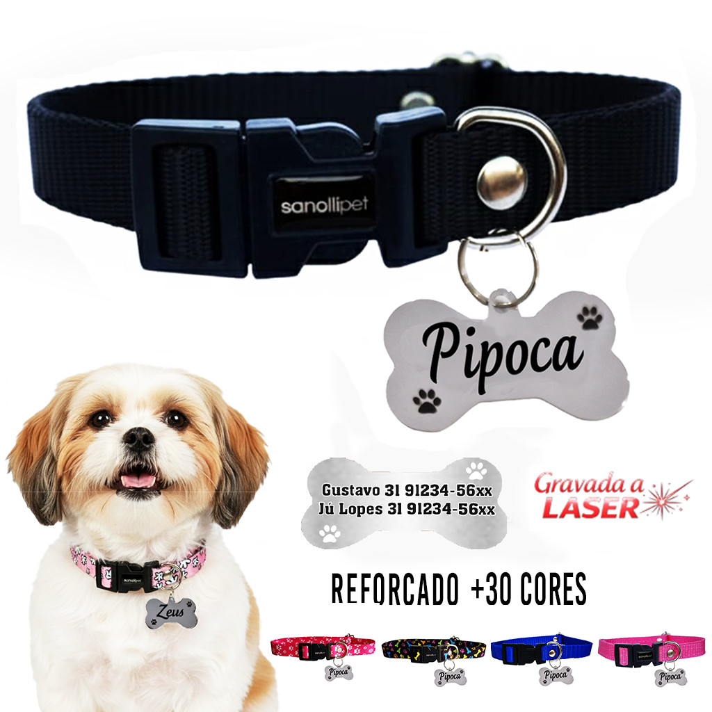 Coleira Para Cachorro Com Plaquinha De Identificação Nome Telefone Reforçada Premium Tag Qr Code
