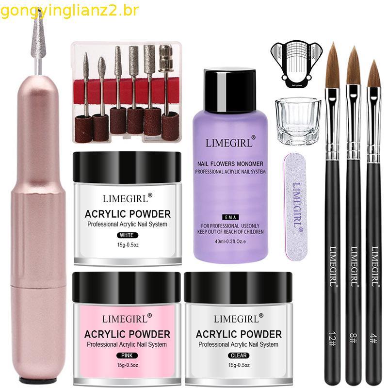 LIMEGIRL Kit De Pó Acrílico E Líquido Para Unhas , Sem Necessidade De Lâmpada UV , Conjunto De Extensão De Cristal Trans