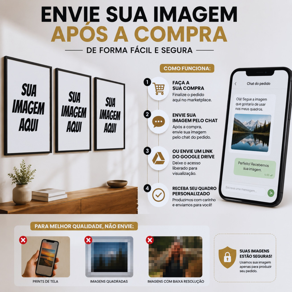 Kit 3 Quadros Personalizados Moldura Premium Foto Imagem Decoração Sala Quarto 60x40cm — imagem 2 de 2