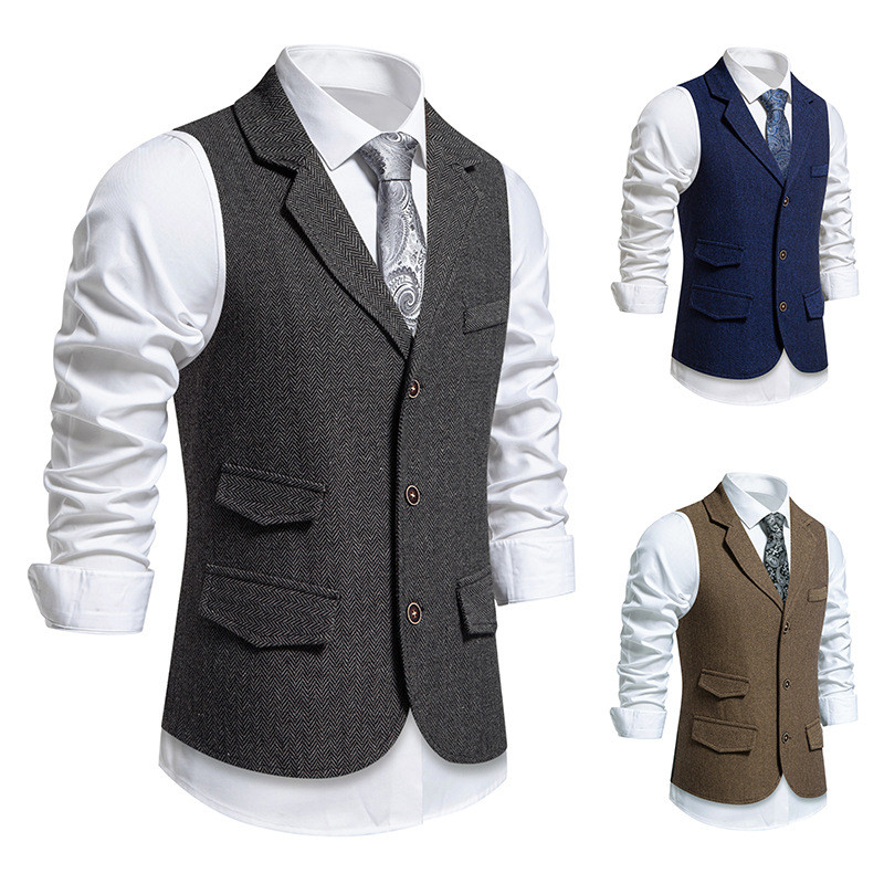 Masculino Retro Terno Colete Tweed Lã Regular Ajuste Vestido Espinha De Peixe Para Jaqueta