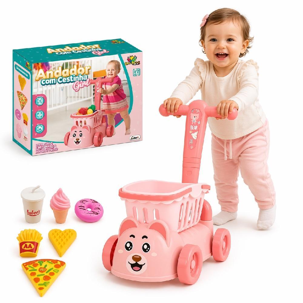 Andador Infantil 2 Em 1 Empurrador Com Cestinha Mini Mercado Rosa Meninas Completo Acessorios Interativos Bebe Didatico