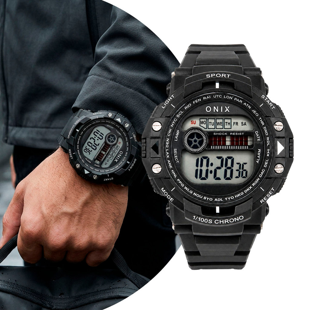 Relógio Masculino Digital Preto com Caixa de Polímero e Pulseira de Silicone à Prova D Água Esportivo Shock Militar Onix