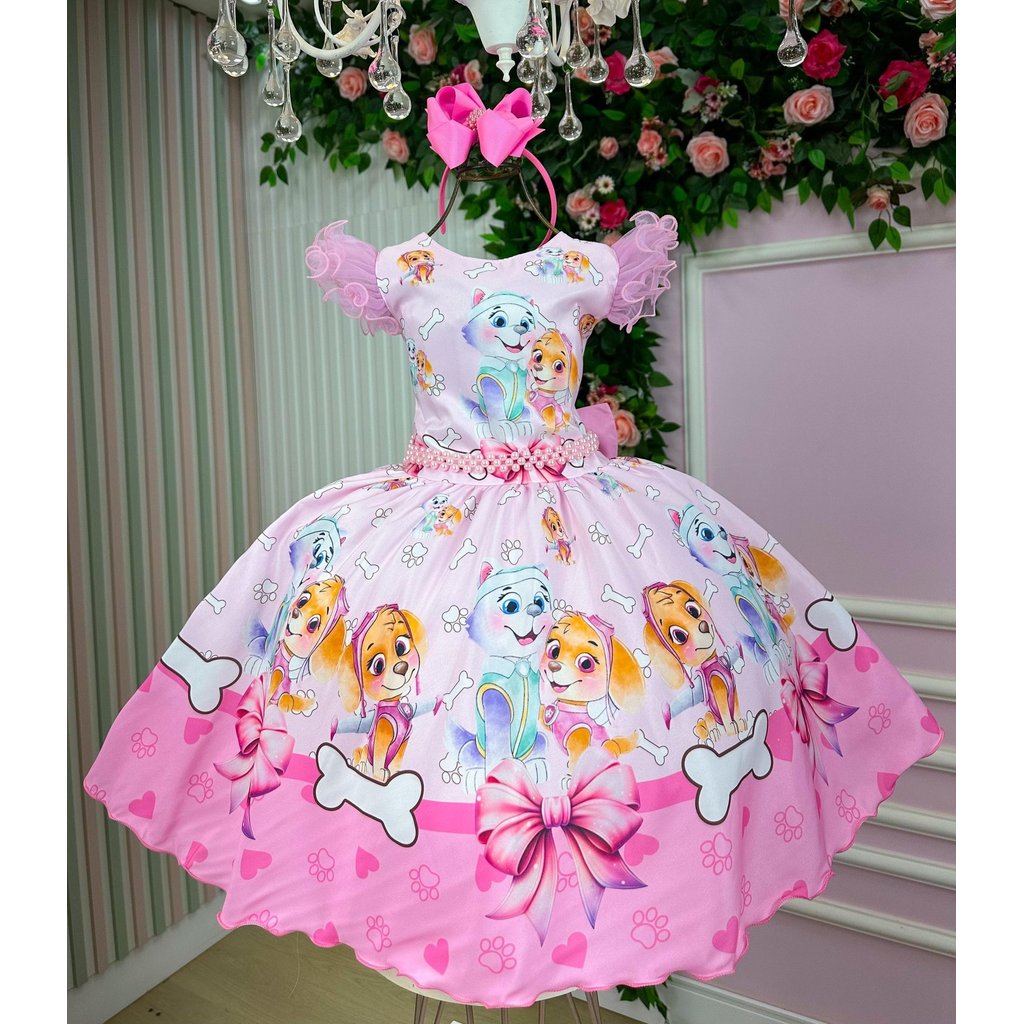 Vestido Chique Infantil Temáticos Luxo Patrulha Canina Skye 