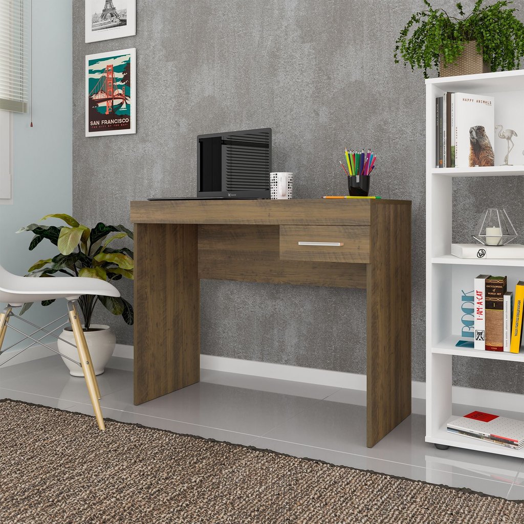 Escrivaninha Mesa Escritório Minimalista e Compacta Cooler para Home Office 1 Gaveta 91cm Pinho Pinho