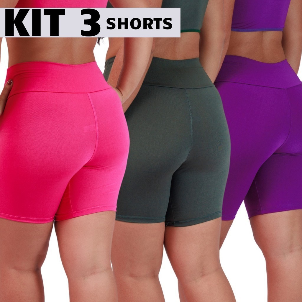 Kit 3 Shorts Fitness Suplex Legging Academia Cós Alto Não fica Transparente