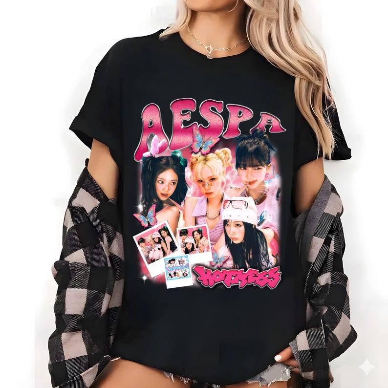 「Cute Girl」Camiseta Unissex Aespa Kpop Graphic Album Armageddon Whiplash Tour Divertida Estilosa Confortável Moda Casual
