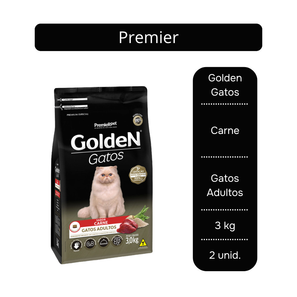Ração Golden Carne para Gatos Adultos 3kg - 2 Unid.