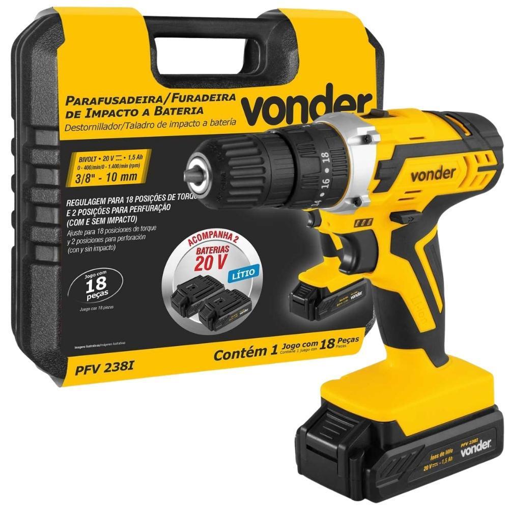 Parafusadeira de Impacto 20V com 2 Baterias e Kit Brocas 18 Peças VONDER
