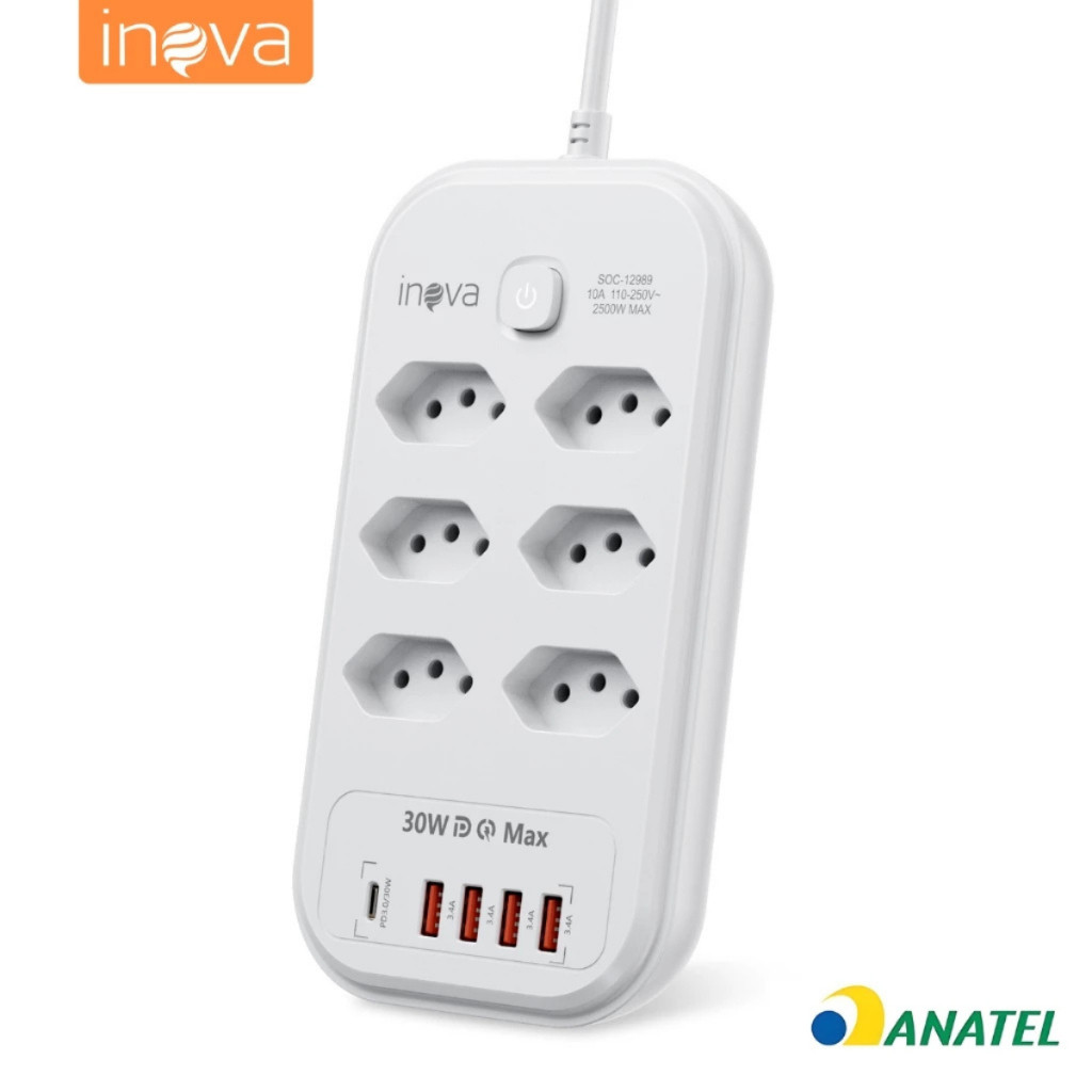 Inova Regua Filtro Linha 6 8 10 Tomadas 5 Usb 2 Type C 30W 2500W Protecao