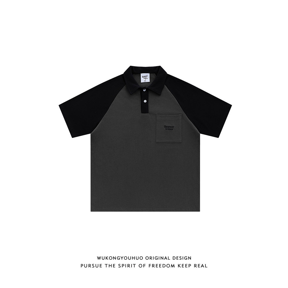 Goku pronto estoque verão Retro contraste cor costura camisa POLO de manga curta masculina Street Wear americano solto A