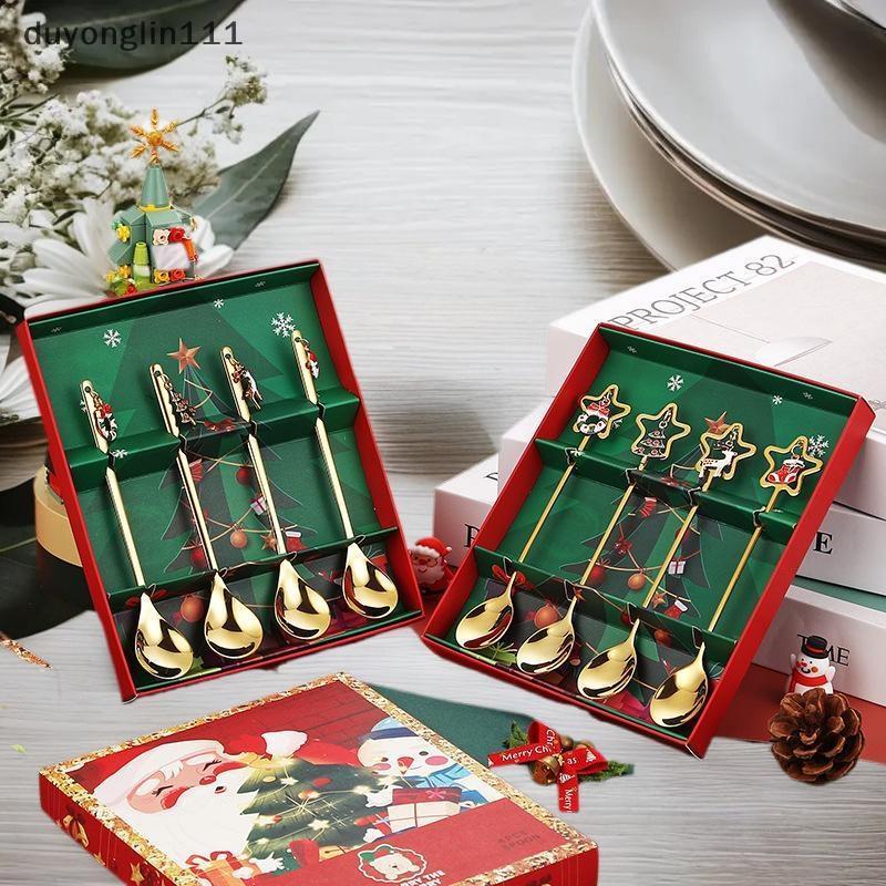 (duyonglin111) 2/4 Pçs Conjunto De Colheres De Café De Natal Ouro Colher De Aço Inoxidável Sobremesa Decoração De Ano No