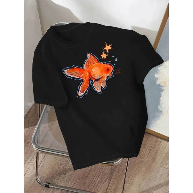 「BR.Moonlight」Camiseta Feminina Peixinho Dourado Bolhas Estrelas Letras Inglês Estampa Moderna Confortável Divertida ...