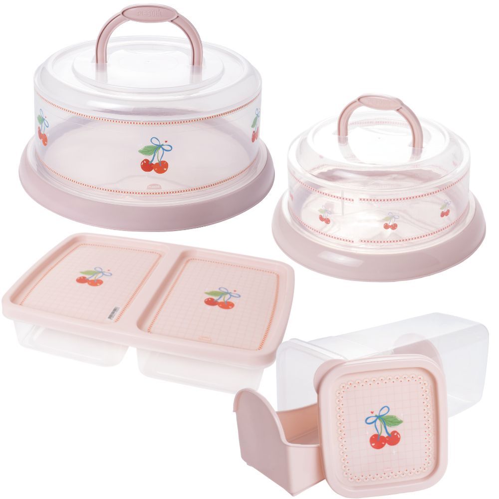 Kit Boleira Rosca, Queijeira Rosca, Porta Torradas com Gaveta Deslizante e Porta Frios 4 peças rosa Plasutil