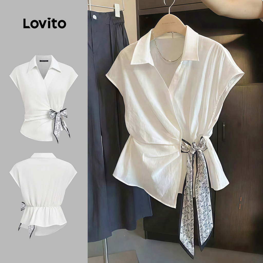 Lovito Blusa Casual Assimétrica com Pregas Camisa Branca de Primavera/verão para