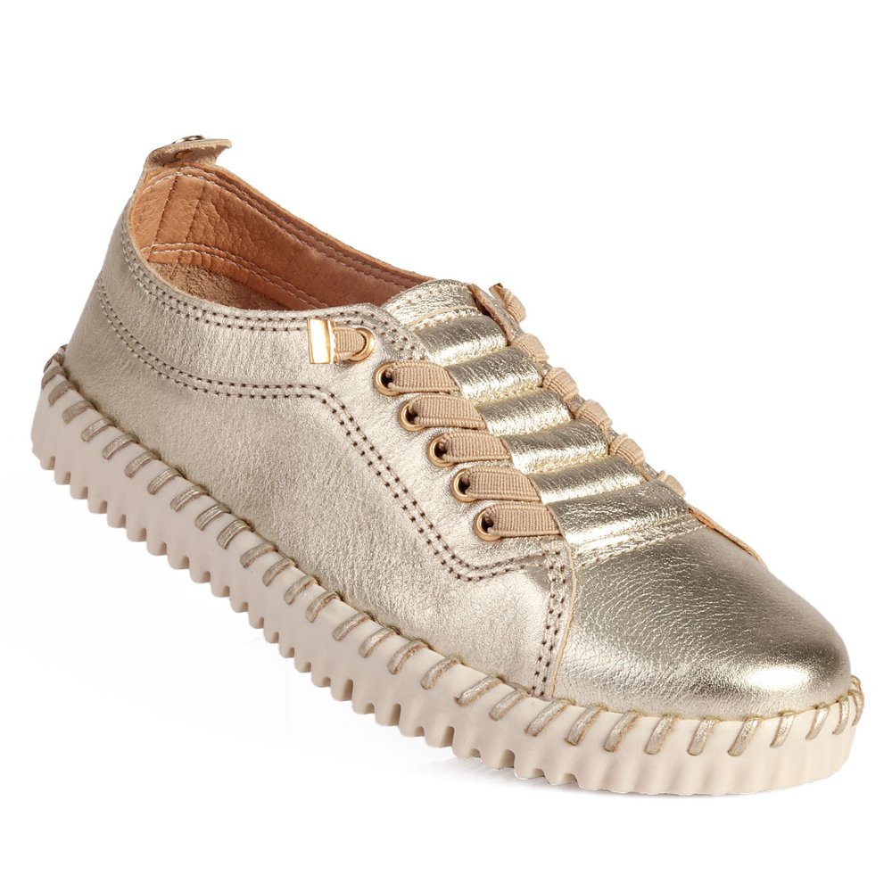 Tênis Feminino Bottero em Couro Metalizado Dourado com Cadarço em Elástico Calce Fácil