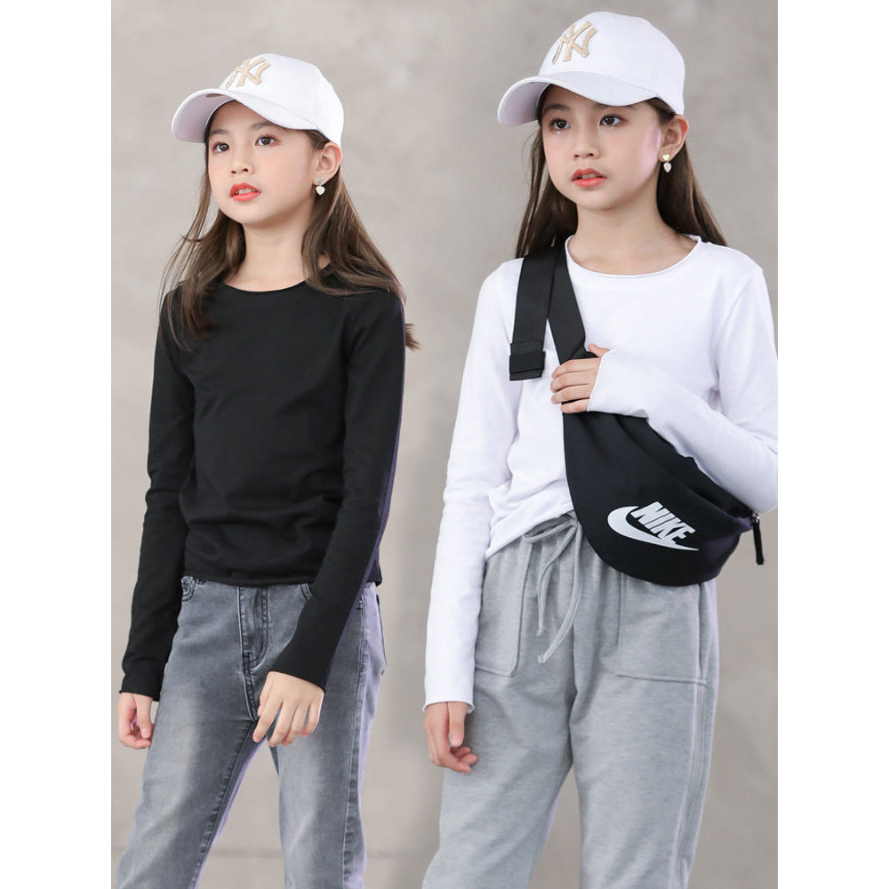 Meninas camisa de fundo primavera 2026 novo estilo grandes crianças estilo ocidental puro algodão camiseta topos criança