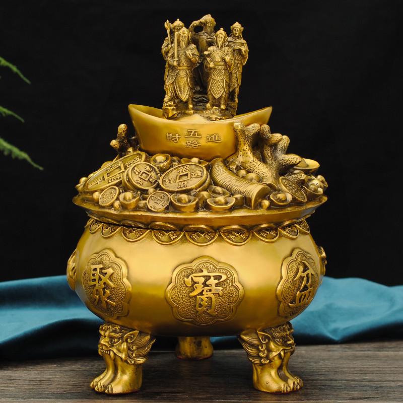 Cofrinho de cornucópia de cobre puro ornamentos dragão duplo Pixiu riqueza banco de cinco vias deus da riqueza queimador
