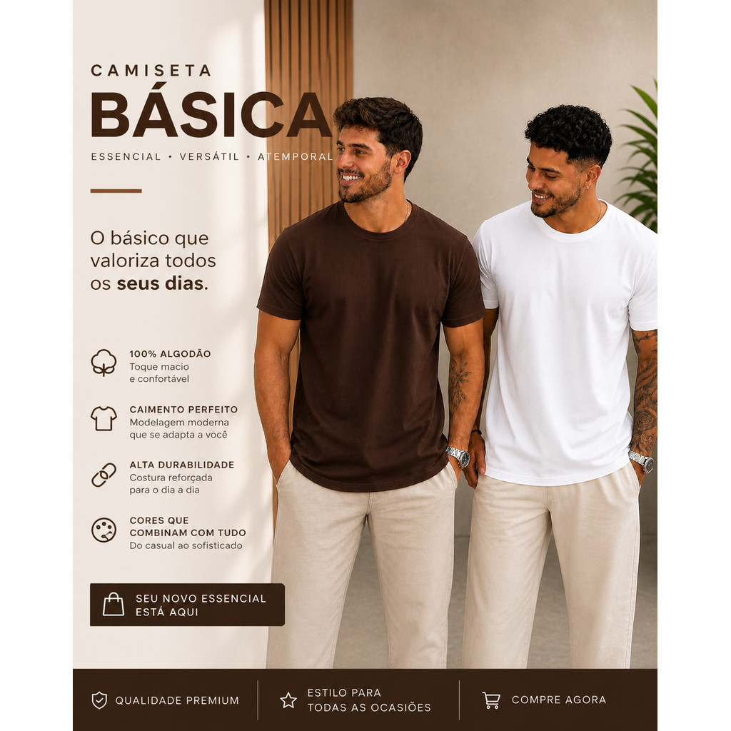 Kit 2 Camisetas Básicas Masculinas Algodão Lisa Confortável Oferta Imperdivel Envio rápido