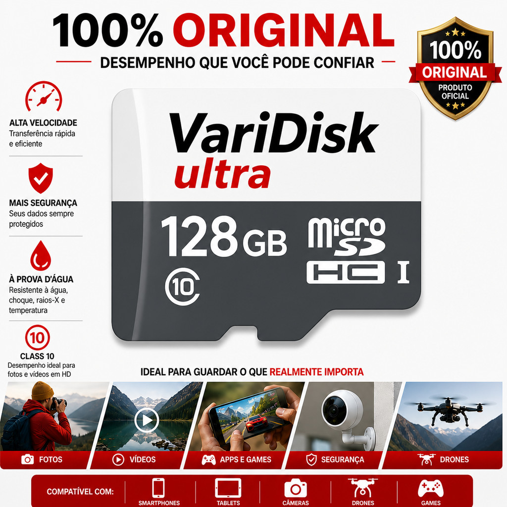 Cartão de Memória Micro SD Original 32GB 64GB 128GB 256GB 512GB Classe 10 Alta Velocidade Para Celular e Câmera