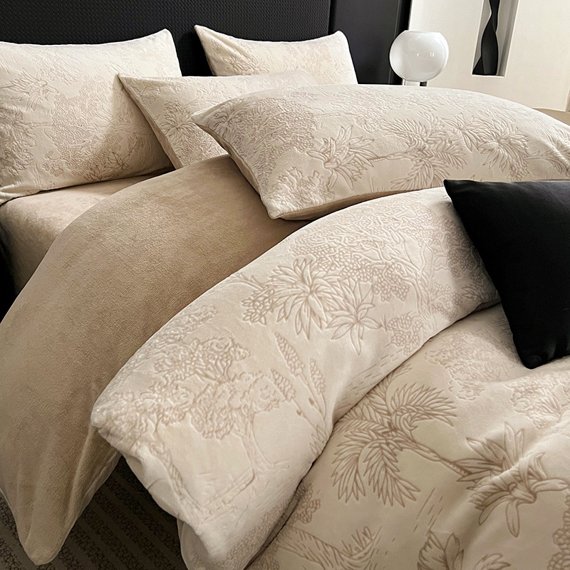 Outono inverno engrossado esculpido leite veludo cama conjunto de quatro peças Coral flanela colcha capa folha de cama c