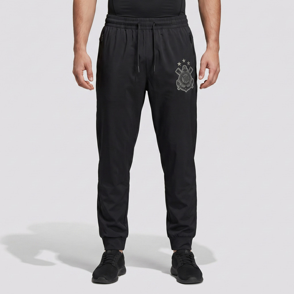 Calça Corinthians Bolso com Zíper Preta