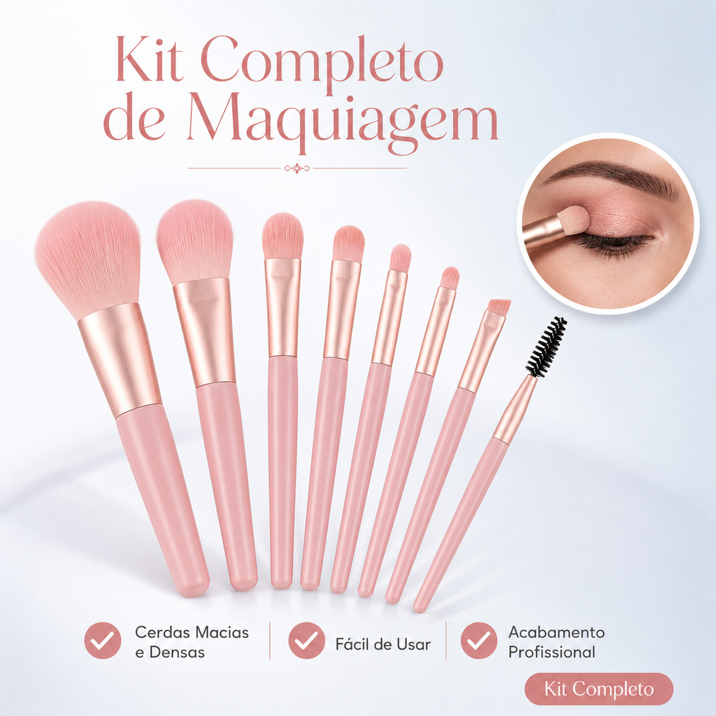 Kit 8 Pincéis de Maquiagem Mini Portátil para Viagem Estojo Transparente Cerdas Macias