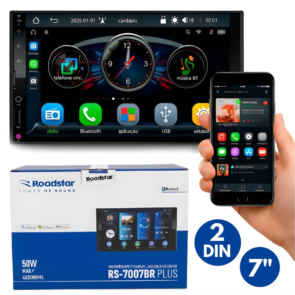 Central Multimídia Roadstar 2 Din RS7007BR Plus 7 pol Carplay Android Auto BT/USB/USB C/SD/AUX/FM
