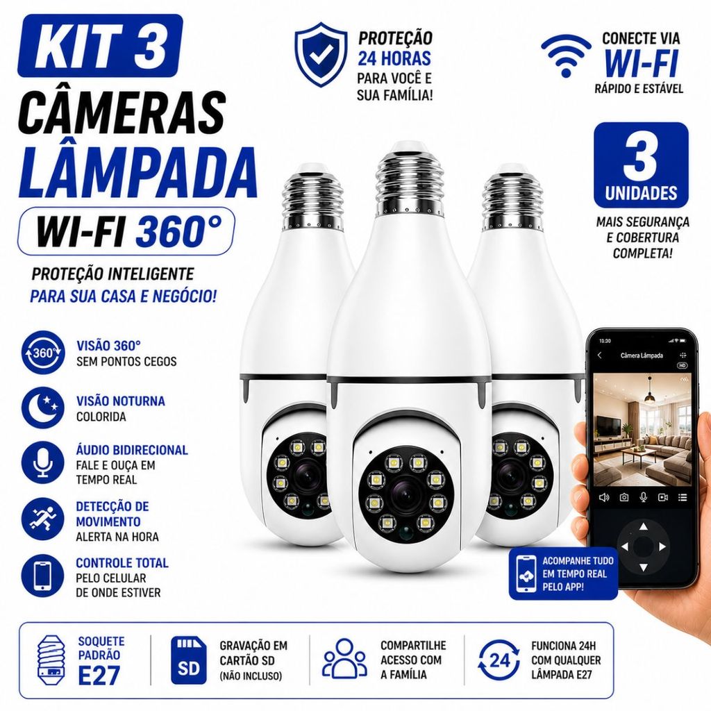 Kit 3 Camera De Segurança Lampada E27 Espia Visao Noturna Audio Alerta No Celular Wife  Full HD 1080