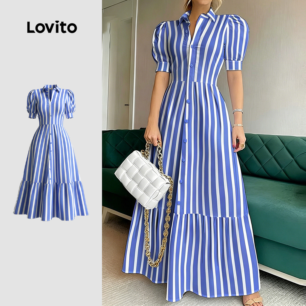 Lovito Vestido Casual com Botões Primavera/verão Azul para Mulheres LK4LD300