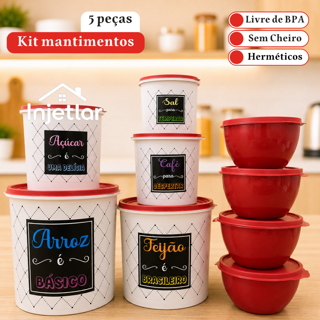 Detalhes do Kit com 9 potes para mantimentos de cozinha