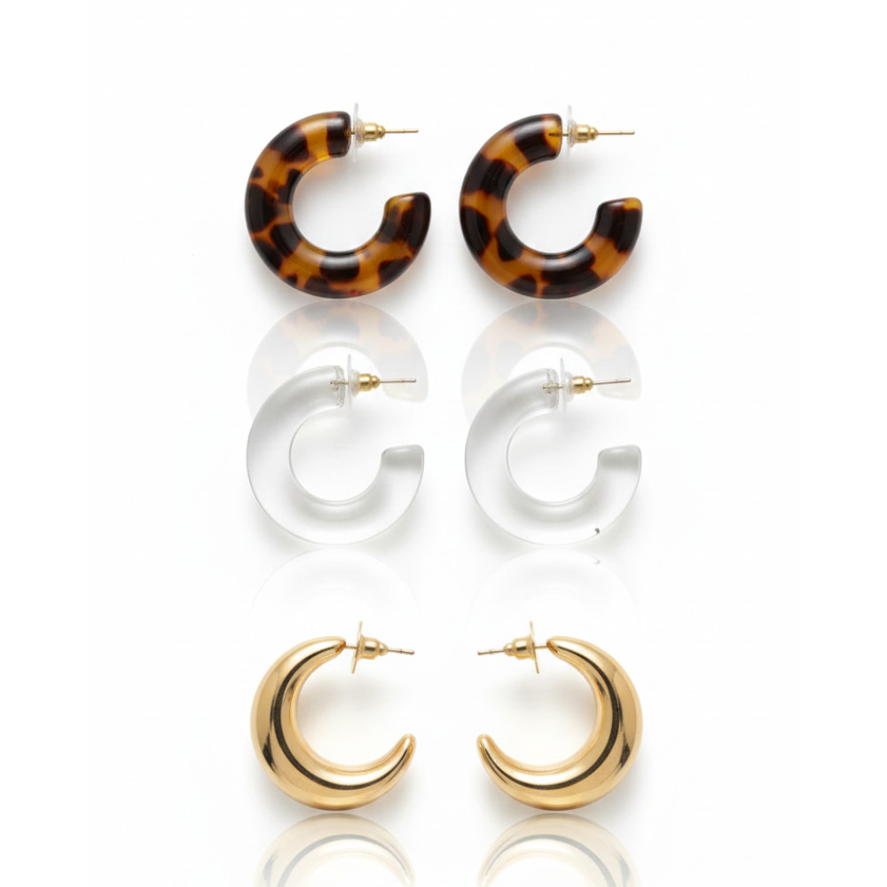 Kit com 3 Pares de Brincos em Formato Argola C Chunky Polido Banhado | Feminino | Banhado Ouro 18K | Antialérgico