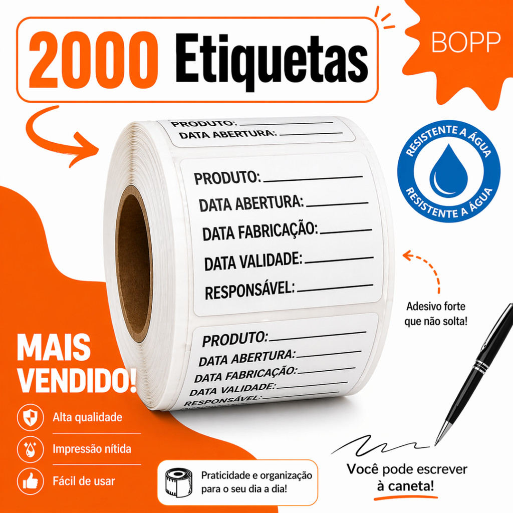 Etiqueta Anvisa 2000 unidades BOPP 60x40 validade fabricação alimentos marmitex delivery congelados cozinha