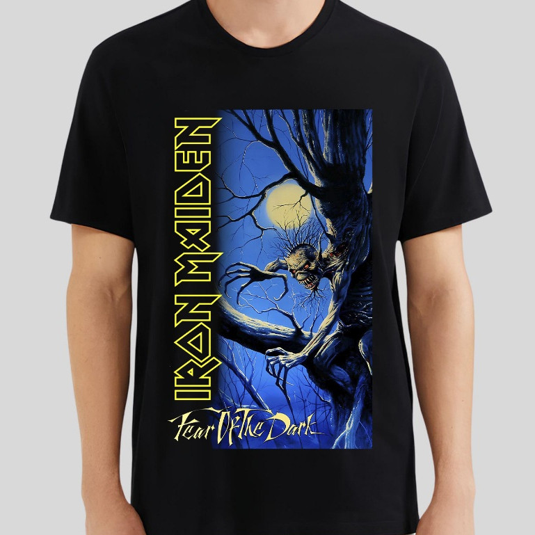 [Camiseta Vintage Masculina Algodão]HYP Camiseta Iron Maiden Fear of the Dark Eddie Heavy Metal Banda de Rock Preta 100%