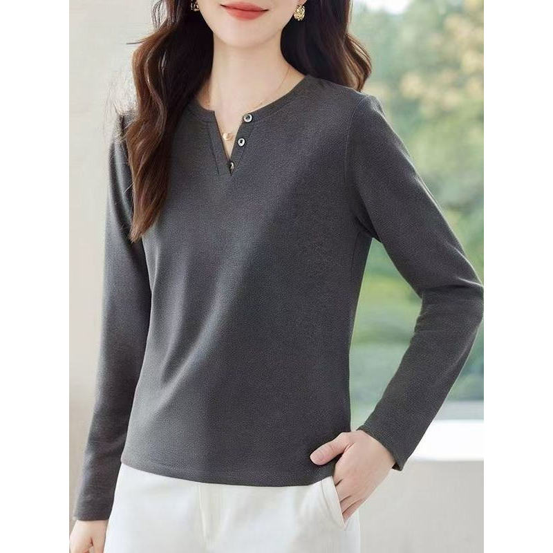 2026 primavera outono novo estilo cor sólida com decote em V manga comprida camiseta feminina estilo ocidental redução d