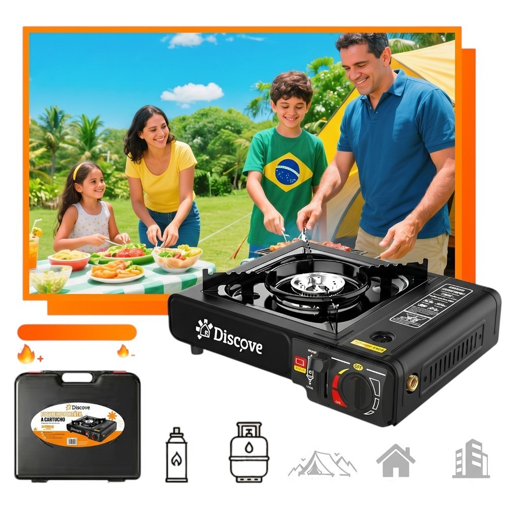 Fogareiro Portátil Duo Gás Camping Com Maleta Fogão de Mesa Acendimento Automático Pesca Casa GLP Butano