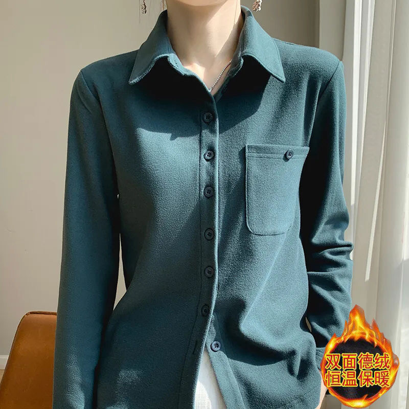 Camisa de veludo alemão dupla face feminina outono inverno engrossado em camadas camisa de manga comprida cor sólida que
