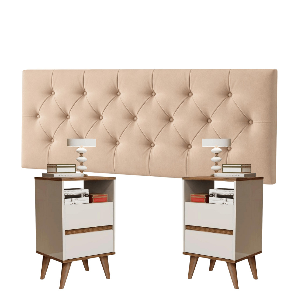Conjunto Cabeceira Estofada Capitonê Suspensa Suede + 2 Mesas de Cabeceira em MDF/MDP p/ Cama Box Casal Queen