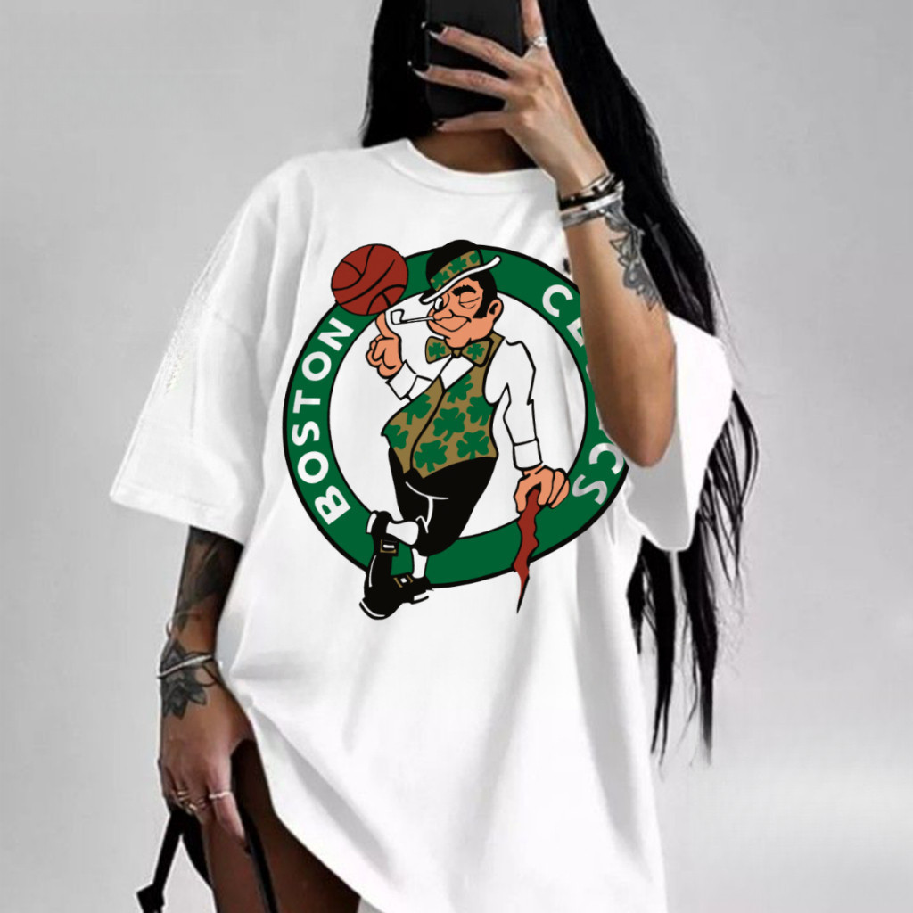 [Camiseta Premium em Algodão Puro]SISI Oversized Estilo Americano Jogo Basquete Time Boston Simbolo Moda Gringa