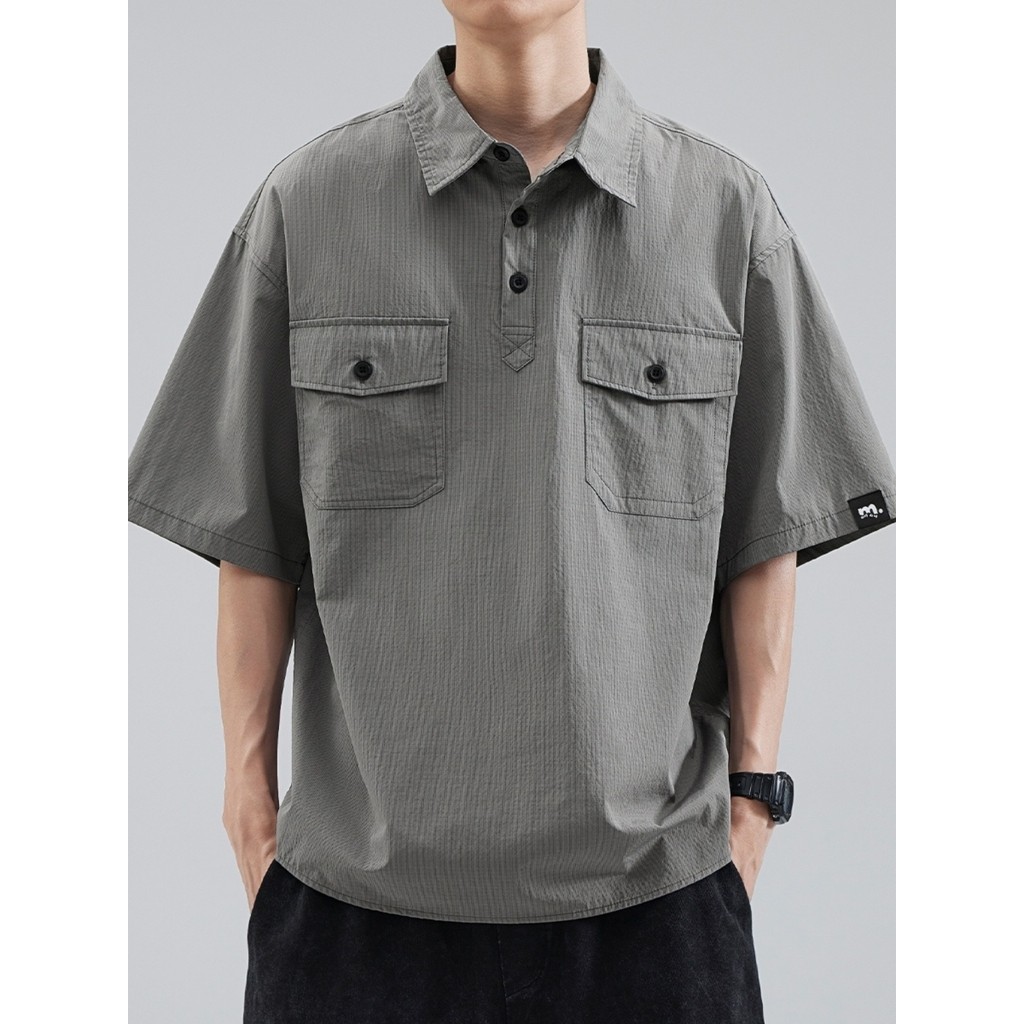 Americano High-End Workwear camisa de manga curta masculina camisa polo verão cinza britânico Street Wear Retro solto ta