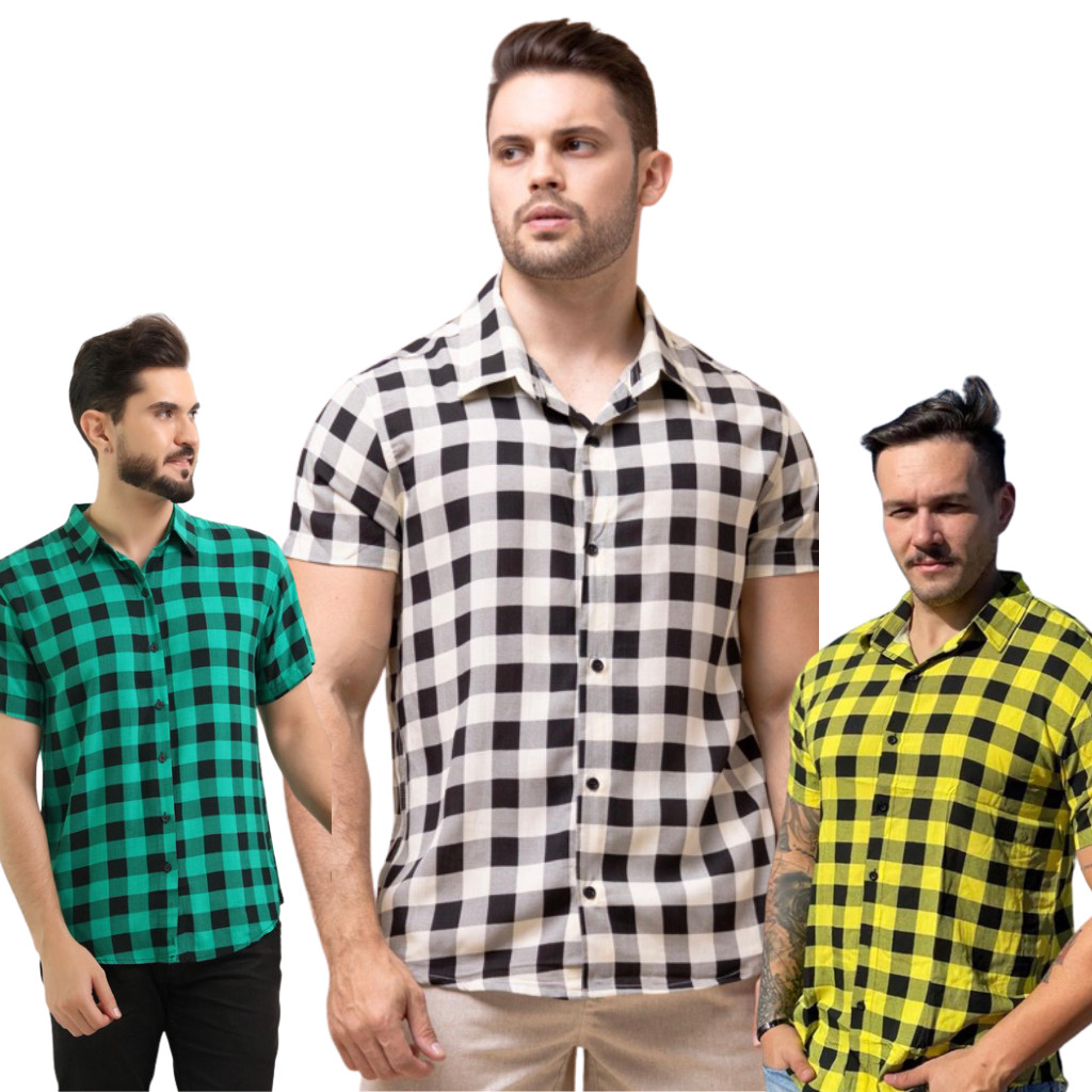 Kit 2 Camisas Xadrez Masculina Manga Curta Algodão Estilo Junino Country