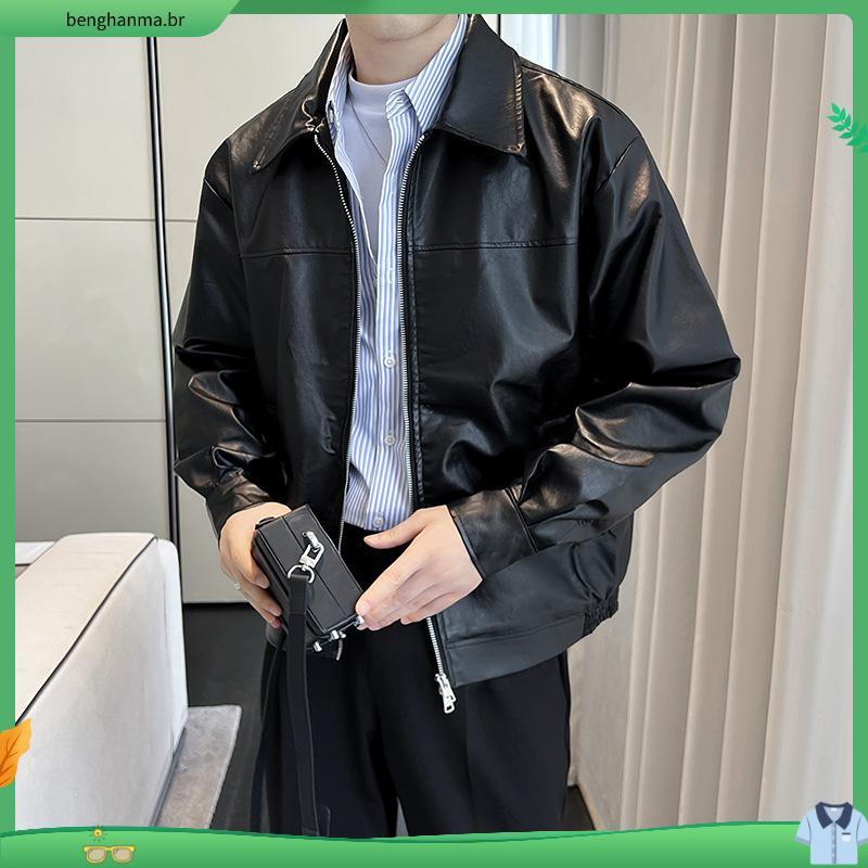 Jaqueta de couro pu americana masculina, roupa de rua, lapela curta, Casual, primavera, outono, zíper duplo, jaqueta de